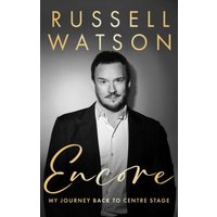 "Encore book cover featuring a black and white portrait of a man in a suit with gold title text."