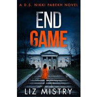"End Game book cover featuring a woman in orange coat walking toward a grand mansion under a stormy sky."
