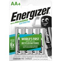 Energizer AA 2300mAh Recharge Extreme NiMH batteries, four-pack, silver with green and black accents in blister packaging.