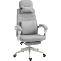 Ergonomic grey office chair with headrest, footrest, padded armrests, and 360 swivel on a wheeled base.