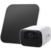 Eufy C210 wireless security camera, white with black front, paired with a square black solar panel.