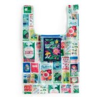Packable nylon tote bag with colorful vintage botanical book cover designs and a central pocket featuring mushrooms.