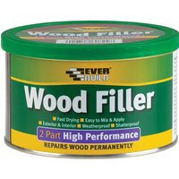Green and yellow Everbuild 2 Part High Performance Wood Filler tin with bold white text and repair features listed.