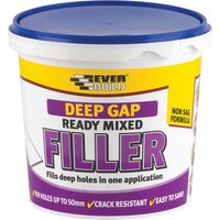 White tub of Everbuild Deep Gap Filler with purple and yellow label, blue lid, crack resistant formula.
