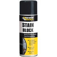 Everbuild Stain Block Spray, black cap, white label with bold black text, yellow Everbuild logo.