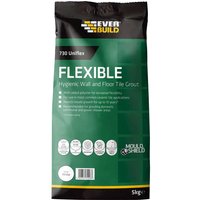 Black and green Everbuild Universal Flexible Tile Grout bag with yellow logo and white text, 5kg size.