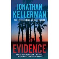 "Book titled 'Evidence' by Jonathan Kellerman, cover features silhouettes of palm trees against a sunset sky."