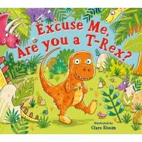 Children's book "Excuse Me, Are You a T-Rex?" with cartoon dinosaurs in a colorful jungle setting.