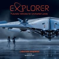 "Explorer book cover with futuristic spaceship and two figures on a dark, misty landscape"
