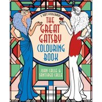 "The Great Gatsby Colouring Book with 1920s flapper art, two women in gowns, and a geometric stained glass background"