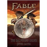 "Fable book cover with two warriors behind a shield featuring a snarling wolf, set against a fiery sky."