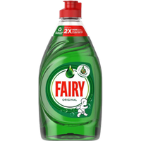 Fairy Original Dishwasher Detergent, 320ml green bottle with red cap and white label featuring logo and droplet graphic.