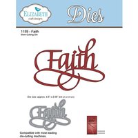 "Faith" steel cutting die in elegant script, compatible with leading die-cutting machines, includes red and gray samples.