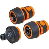 Faithfull garden hose fittings kit with three black and orange connectors, featuring grip textures and hose attachments.