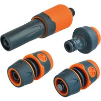Gray and orange Faithfull hose connector and nozzle set, includes three connectors and one adjustable spray nozzle.