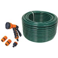 Green PVC garden hose 50m with orange and black spray gun and fittings by Faithfull.