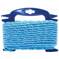 Blue Faithfull poly rope 8mm x 15m, neatly coiled on a blue plastic handle with a winder.