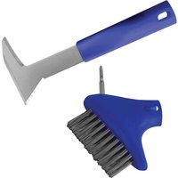 Blue Faithfull Auto-Lock patio steel brush and weeder with ergonomic handle and durable bristles.