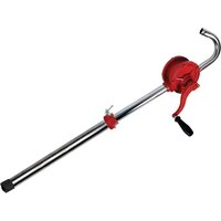 Red Faithfull cast iron rotary pump with a long silver handle and curved spout.