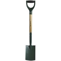 Green Faithfull Countryman digging spade with wooden handle and D-shaped grip.