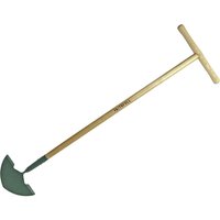 Faithfull Countryman Edging Iron with a wooden handle and green half-moon steel blade, T-shaped grip.