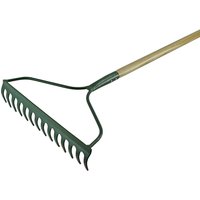 Wood-handled Faithfull Countryman garden rake with green metal head and 14 curved tines.