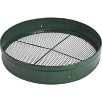 Green Faithfull Countryman Garden Sieve with metal mesh screen and circular frame.