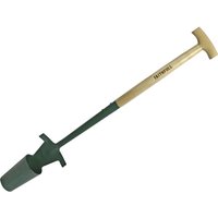 Long-handled bulb planter with wooden T-grip handle and green metal cylindrical digging tool.