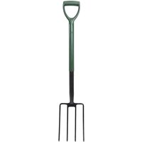 Green-handled Faithfull Essentials Digging Fork with four black steel tines and a D-shaped grip.
