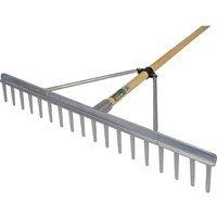 Faithfull FSC wooden handle aluminium landscape rake with wide silver head and metal tines.