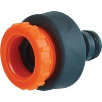 Black and orange Faithfull plastic tap hose connector for 1/2 and 3/4 inch fittings.