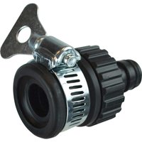 Black Faithfull plastic universal tap connector with metal clamp and key-shaped handle.