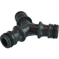 Black Faithfull plastic Y hose connector with dual outlets and ribbed grips.