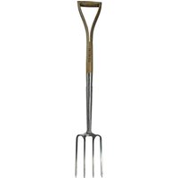 Stainless steel border fork with wooden handle and four sharp tines by Faithfull Prestige.