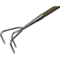 Stainless steel cultivator with three sharp prongs and a wooden handle, designed for gardening and soil aeration.