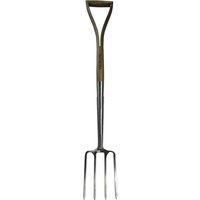 Stainless steel digging fork with wooden handle and four sharp tines by Faithfull Prestige.