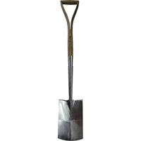 Stainless steel digging spade with wooden D-handle and polished blade, by Faithfull Prestige.