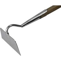 Stainless steel draw hoe with sharp square blade and wooden handle, by Faithfull Prestige.
