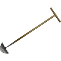 Stainless steel edging iron with a half-moon blade and long wooden T-handle for garden use.