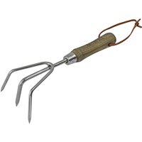 Stainless steel hand cultivator with three prongs and a wooden handle, featuring a leather hanging strap.