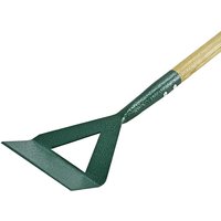 Green metal Faithfull Countryman Dutch hoe with triangular blade and wooden handle.