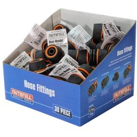 Box of 30 Faithfull plastic hose menders, black with orange accents, in blue packaging labeled "Hose Fittings"