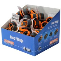 Blue box of 30 Faithfull plastic female hose connectors, black with orange accents, for garden hoses.