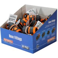 Orange and black Faithfull plastic water stop hose connectors in a blue box, labeled "Hose Fittings," 30 pieces.