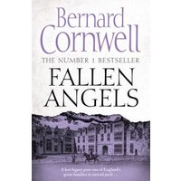 "Paperback book 'Fallen Angels' by Bernard Cornwell, white cover with purple text and black-and-white building image"
