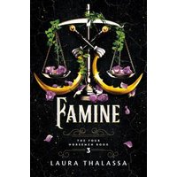 "Famine book cover with scales, purple flowers, and gold accents, part of The Four Horsemen series by Laura Thalassa"