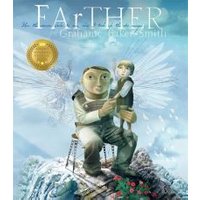"Farther book cover with man holding child, both with wings, sitting on a hill with a dreamy sky background"