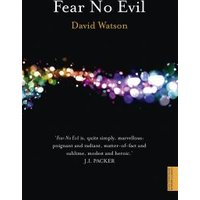 "Black book cover 'Fear No Evil' by David Watson, colorful light bokeh design, quote by J.I. Packer"