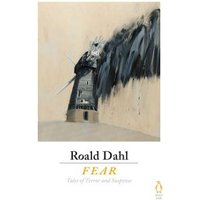Paperback book "Fear" by Roald Dahl, featuring a dark, abstract windmill illustration on a beige background.