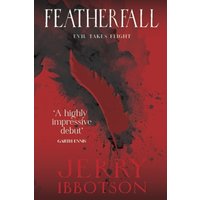 Red and black book cover for "Featherfall" by Jerry Ibbotson with a large feather and dark abstract design.